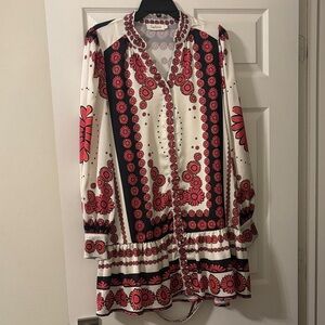 Red and Black Floral Long Sleeve Dress